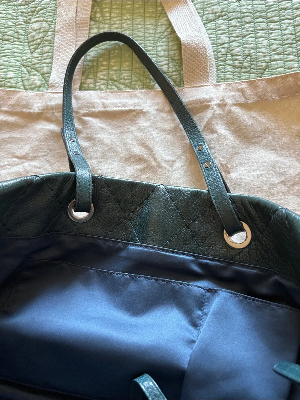 Authentic CHANEL Quilted Leather Tote in Deep Green with Silver Hardware